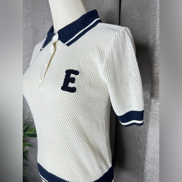 NWT Zara Women’s Combo Crochet Letter Polo Shirt in Cream & Navy Sz M - Picture 7 of 14